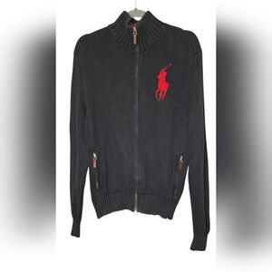 Polo Ralph Lauren Men’s Full Zip Black Red Big Pony Logo Sweater Sz Medium *READ